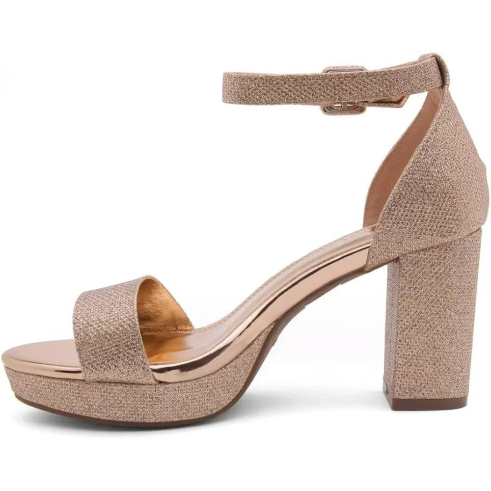 Women's Gold Chunky Block Ankle Strap Stylish Comfortable Open Toe Strappy Heel